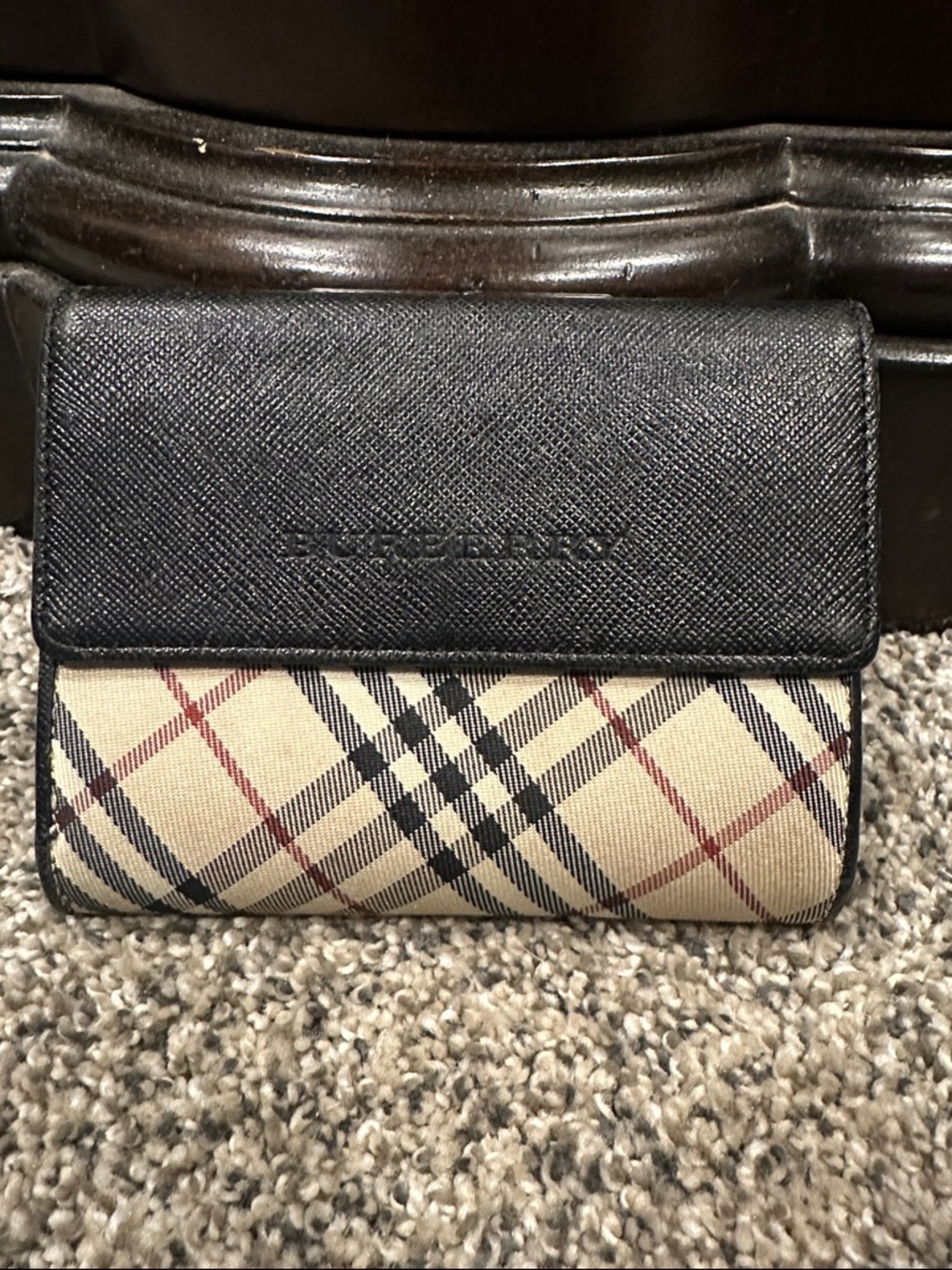 Burberry Black Leather & Beige Check Fold Wallet with kiss lock
